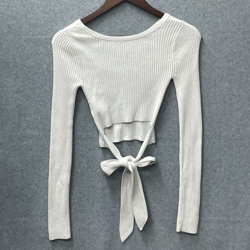 Hollister XS White Ribbed Knit Crop Top Open Back Tie Fitted Sweater - Picture 4 of 9